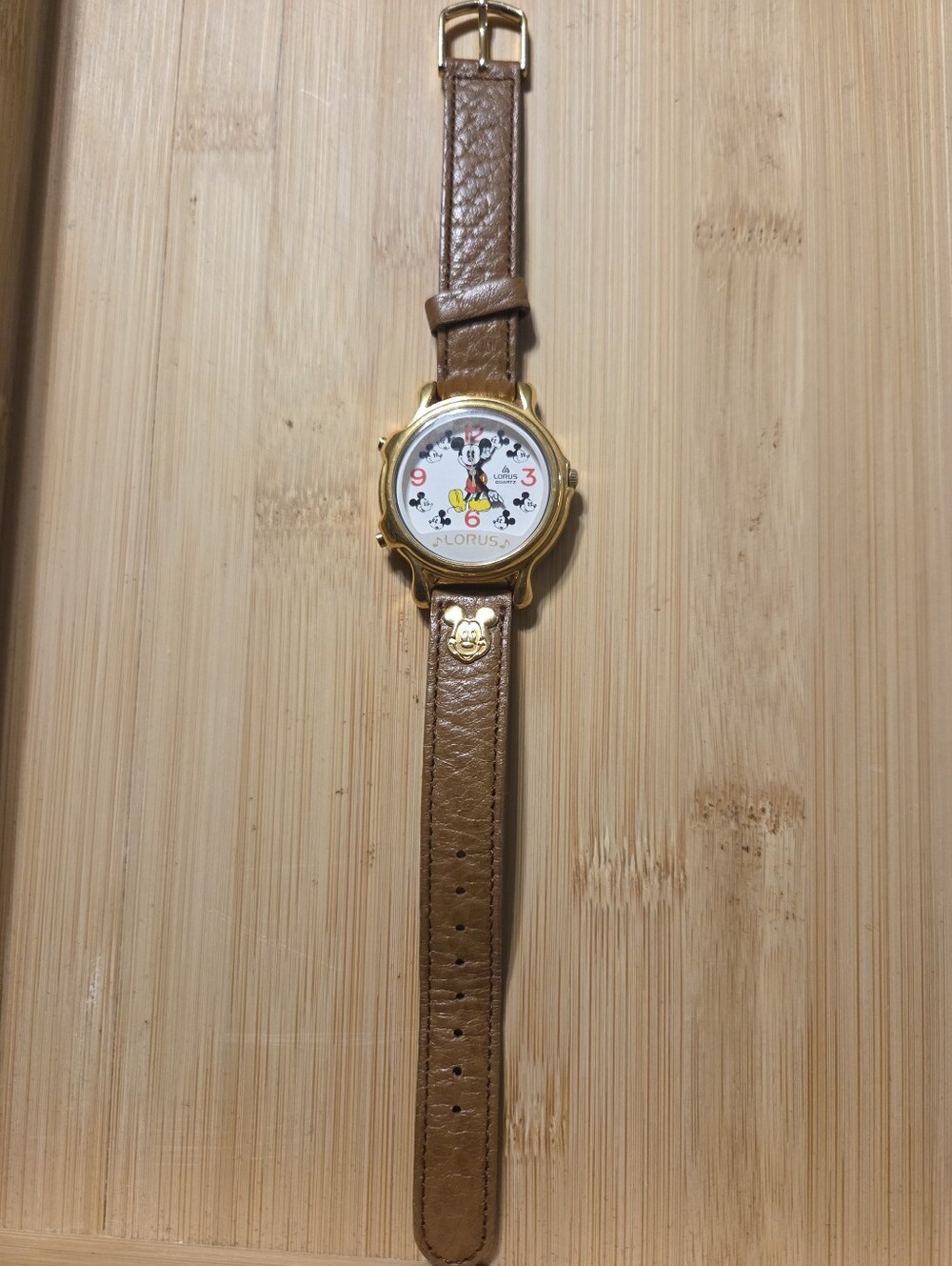 Lorus Mickey Mouse Gold Tone Watch with Brown Leather Strap